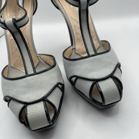 Alberta Ferretti Size 6.5 Patent Leather Canvas High Heels Black Gray Stilettos - Picture 2 of 9